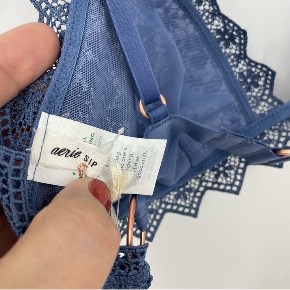 Aerie Floral Lace Triangle Bralette Periwinkle Blue Gold Side Ring Size S - Picture 7 of 7